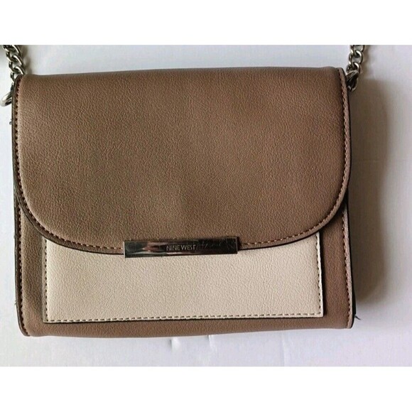 Nine West Mittens Crossbody Bag Wallet Purse Brown Beige Chain Strap Minimalist - Picture 3 of 11